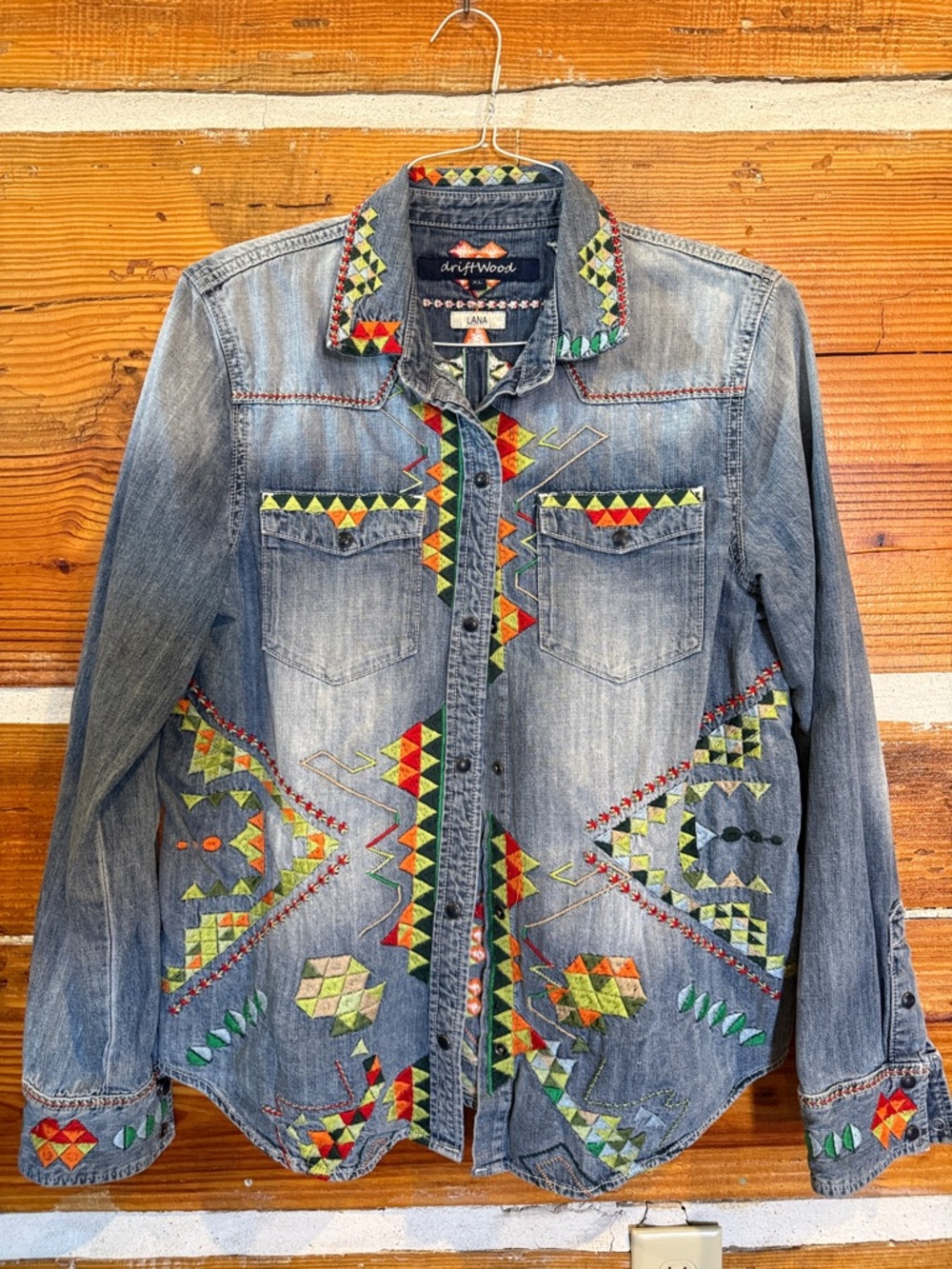 DRIFTWOOD Denim Shirt Jacket with Multicolor Geometric Embroidery